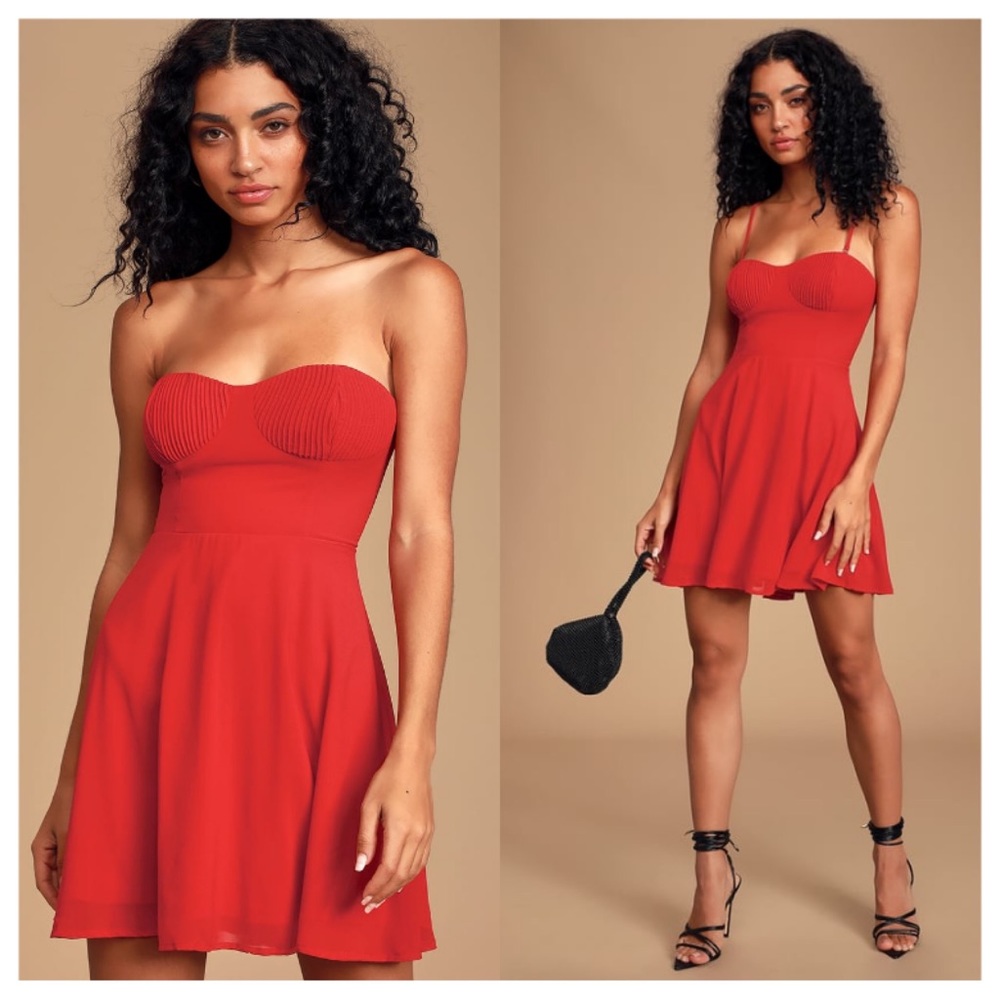 Lulu’s Sweet Kiss Red Pleated Bustier Skater Dress